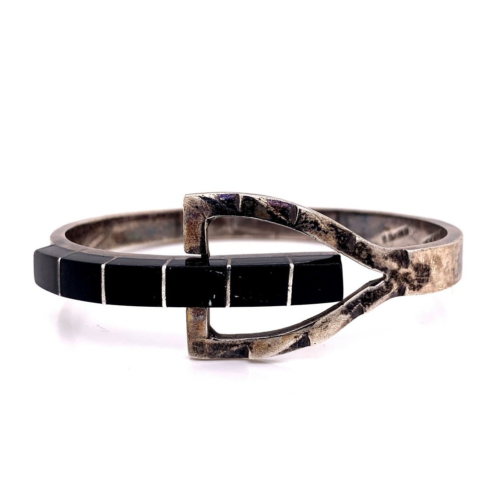 Taxco Sterling Silver Black Onyx Bangle Bracelet 7.5" Vintage Mexico
